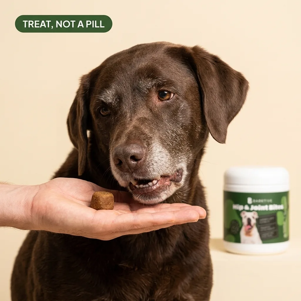 Senior Labrador taking a chew from a hand