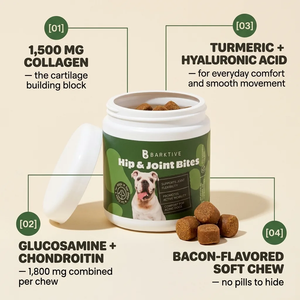 Key ingredients: collagen, glucosamine and chondroitin, turmeric and hyaluronic acid, bacon-flavored soft chew